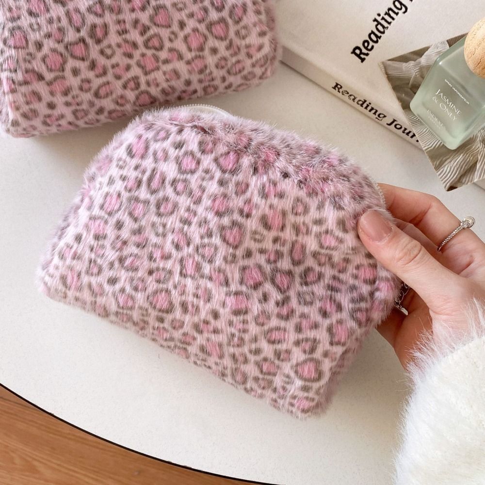 Cosmetic Bags - กระเป๋าเครื่องสำอางขนฟูคุณภาพสูง ความจุเยอะ พกพาสะดวก ลายเสือดาว กระเป๋าเก็บของสำหรับเดินทาง